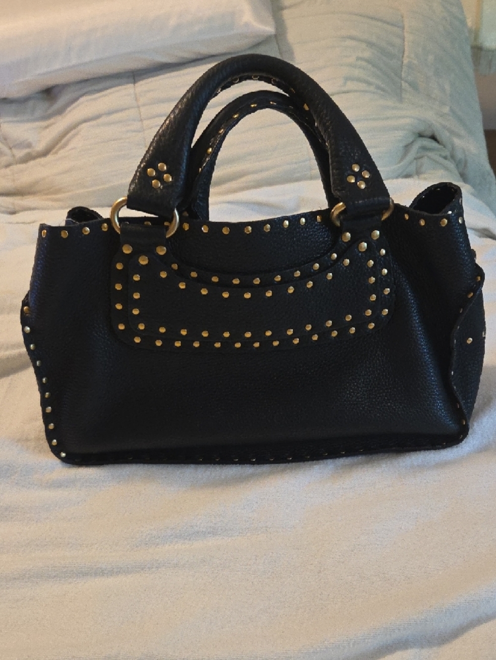 Celine Black Pebbled Leather Shoulder Bag with Gold Studs - Picture 6 of 7